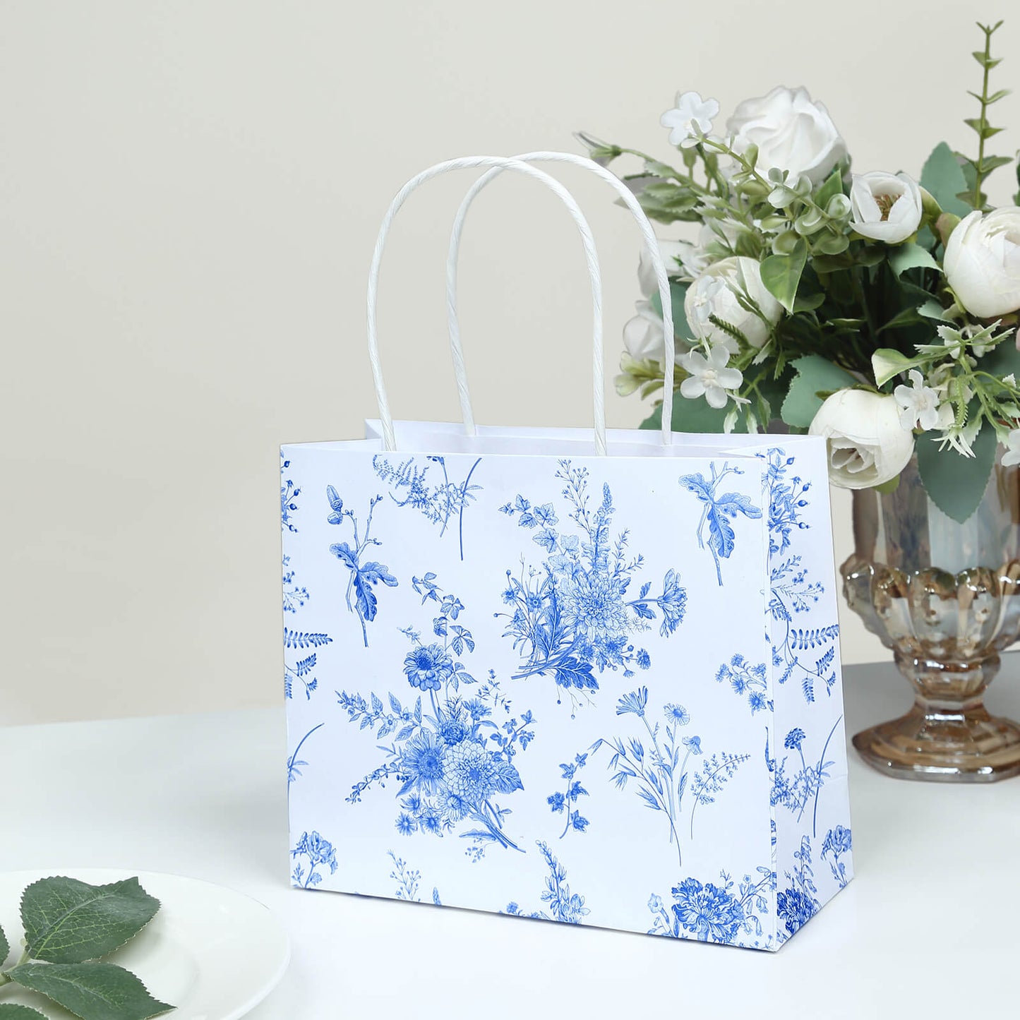 12 Pack White Blue Paper Gift Bags With Handles in French Toile Pattern, Party Favor Goodie Bags - 6"x7"