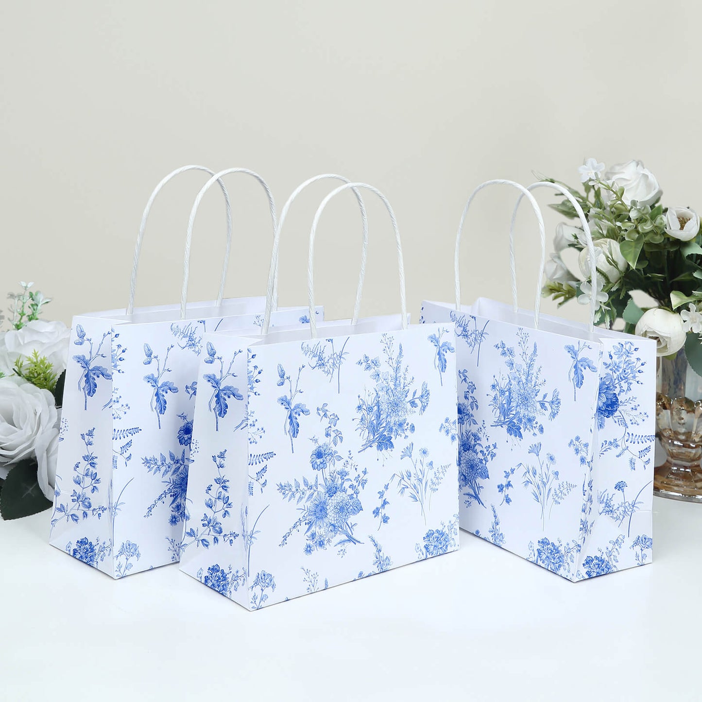 12 Pack White Blue Paper Gift Bags With Handles in French Toile Pattern, Party Favor Goodie Bags - 6"x7"