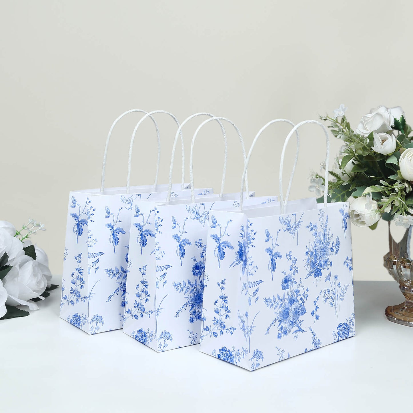 12 Pack White Blue Paper Gift Bags With Handles in French Toile Pattern, Party Favor Goodie Bags - 6"x7"