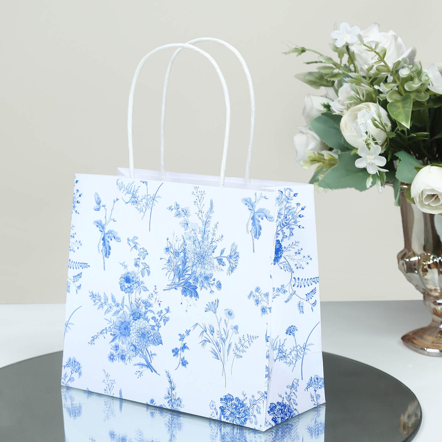 12 Pack White Blue Paper Gift Bags With Handles in French Toile Pattern, Party Favor Goodie Bags - 6"x7"