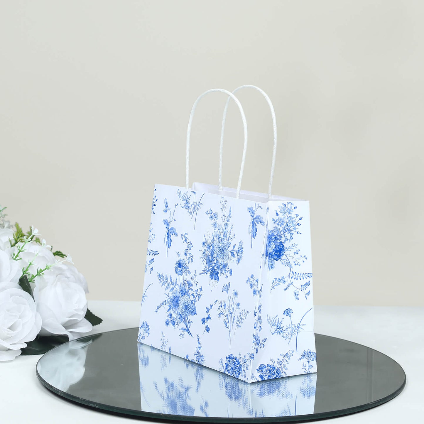 12 Pack White Blue Paper Gift Bags With Handles in French Toile Pattern, Party Favor Goodie Bags - 6"x7"