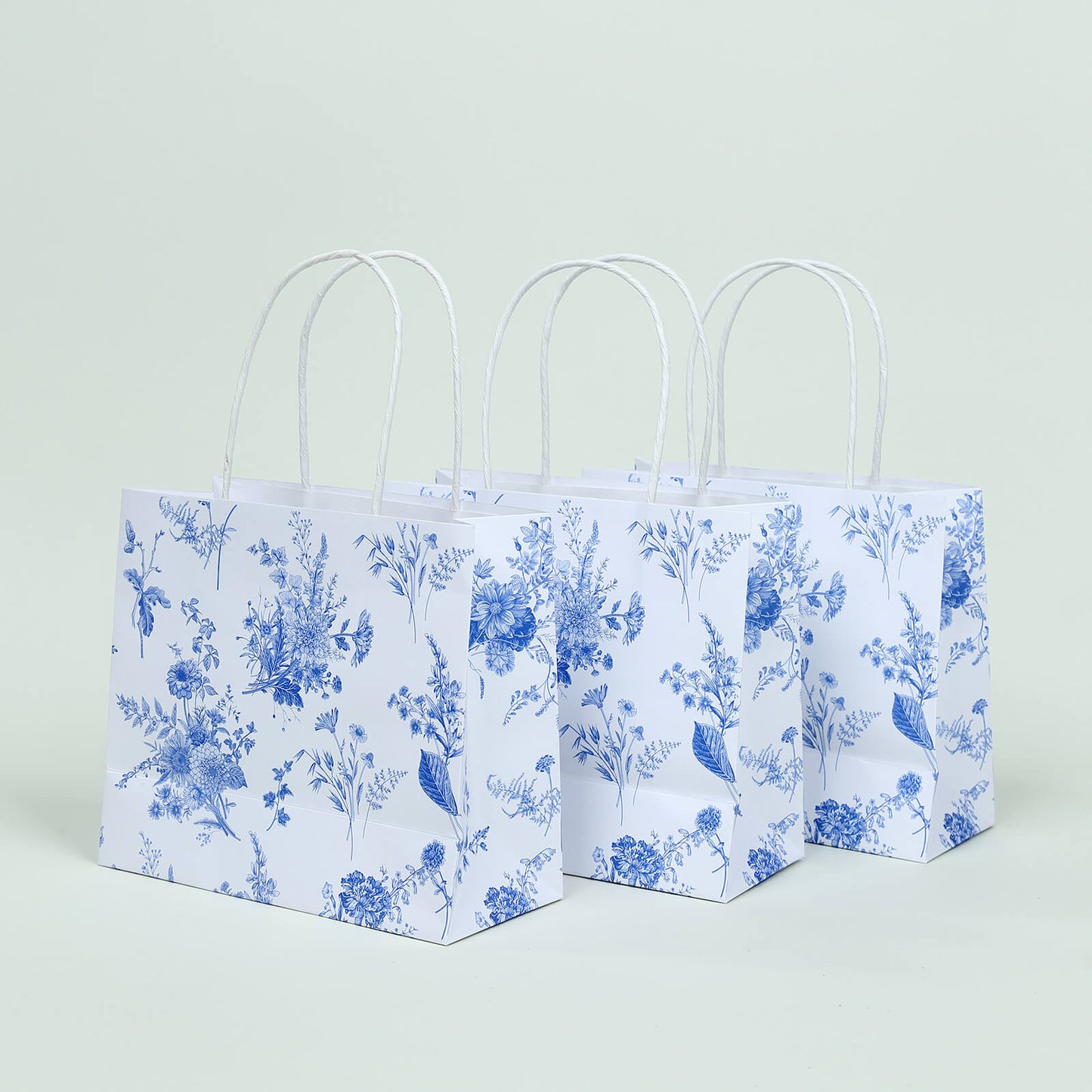 12 Pack White Blue Paper Gift Bags With Handles in French Toile Pattern, Party Favor Goodie Bags - 6"x7"