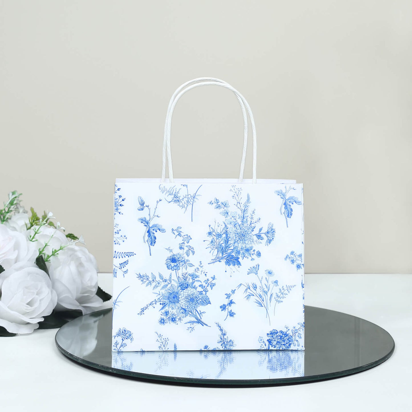 12 Pack White Blue Paper Gift Bags With Handles in French Toile Pattern, Party Favor Goodie Bags - 6"x7"