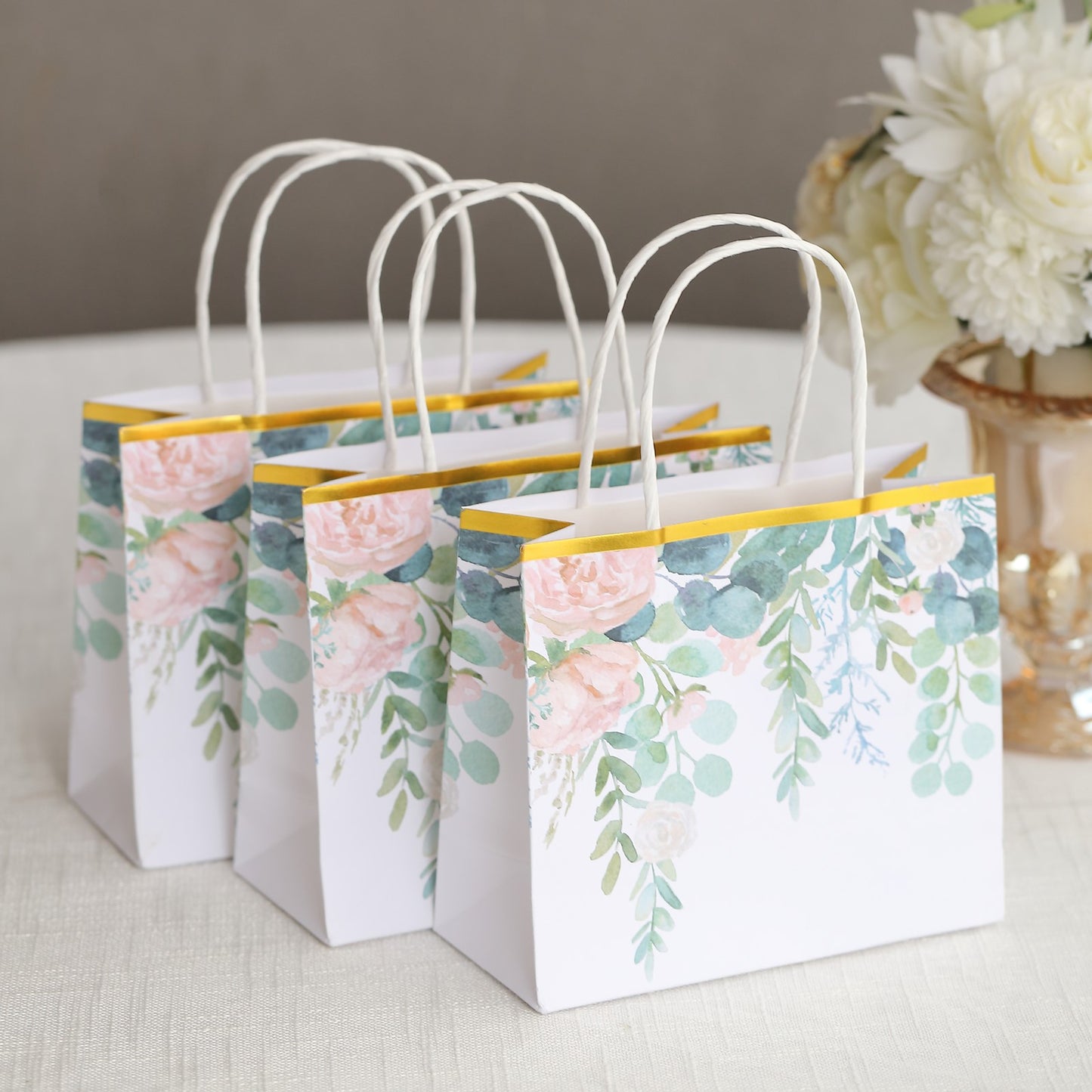 12 Pack White Pink Peony Flower Paper Party Favor Bags With Handles, Gift Goodie Bags With Gold Edge - 6"x7"