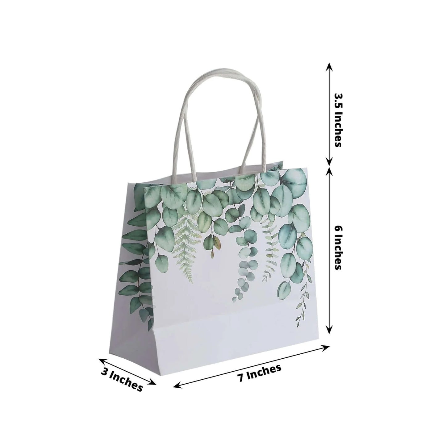 12 Pack White Green Eucalyptus Leaves Paper Party Favor Bags With Handles, Gift Goodie Bags - 6"x7"