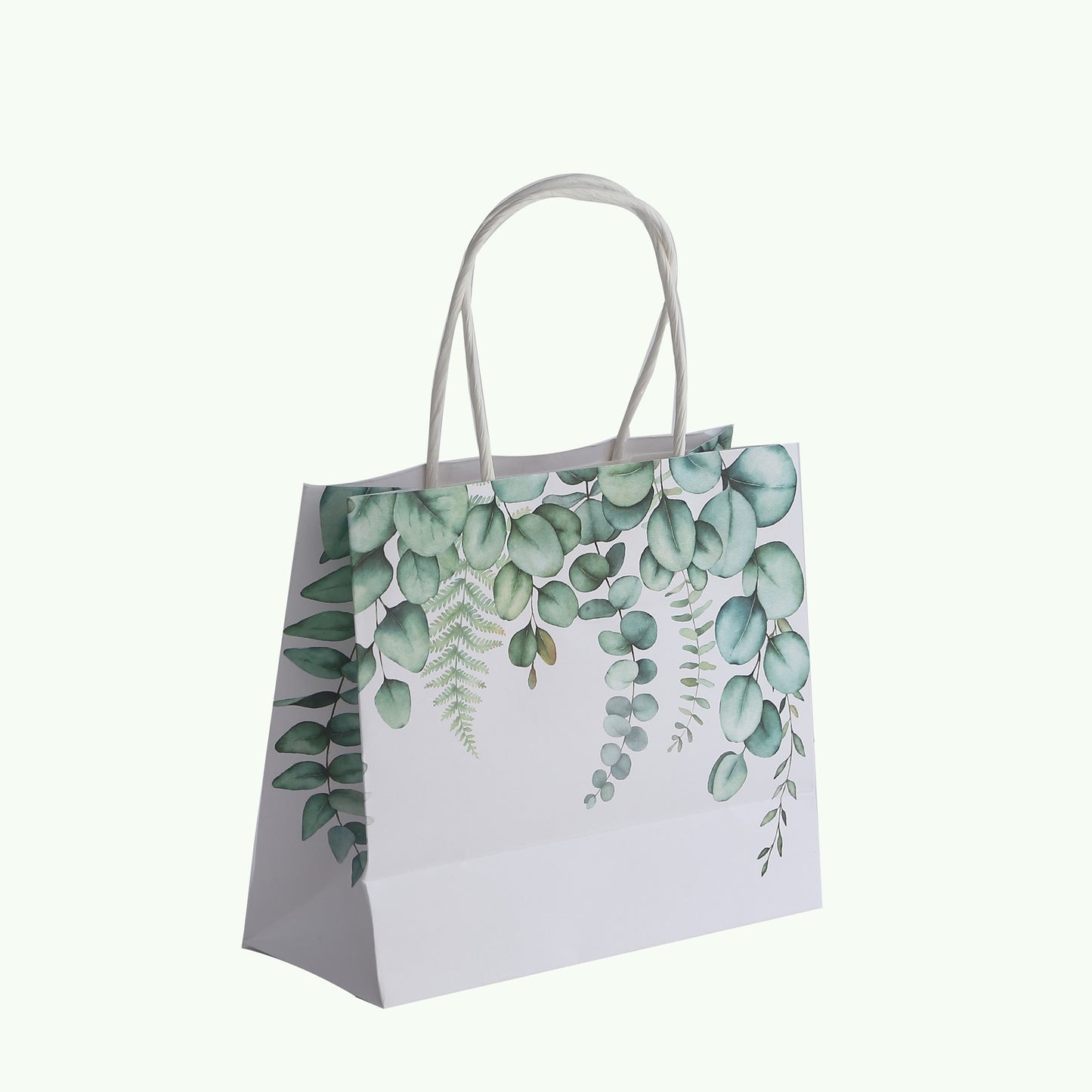 12 Pack White Green Eucalyptus Leaves Paper Party Favor Bags With Handles, Gift Goodie Bags - 6"x7"