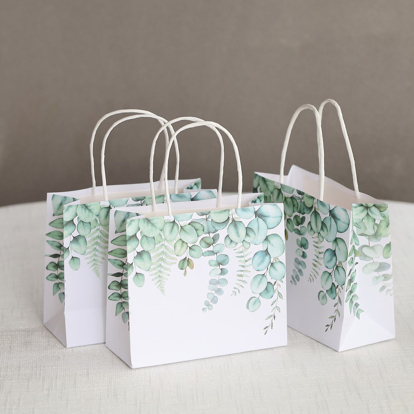 12 Pack White Green Eucalyptus Leaves Paper Party Favor Bags With Handles, Gift Goodie Bags - 6"x7"