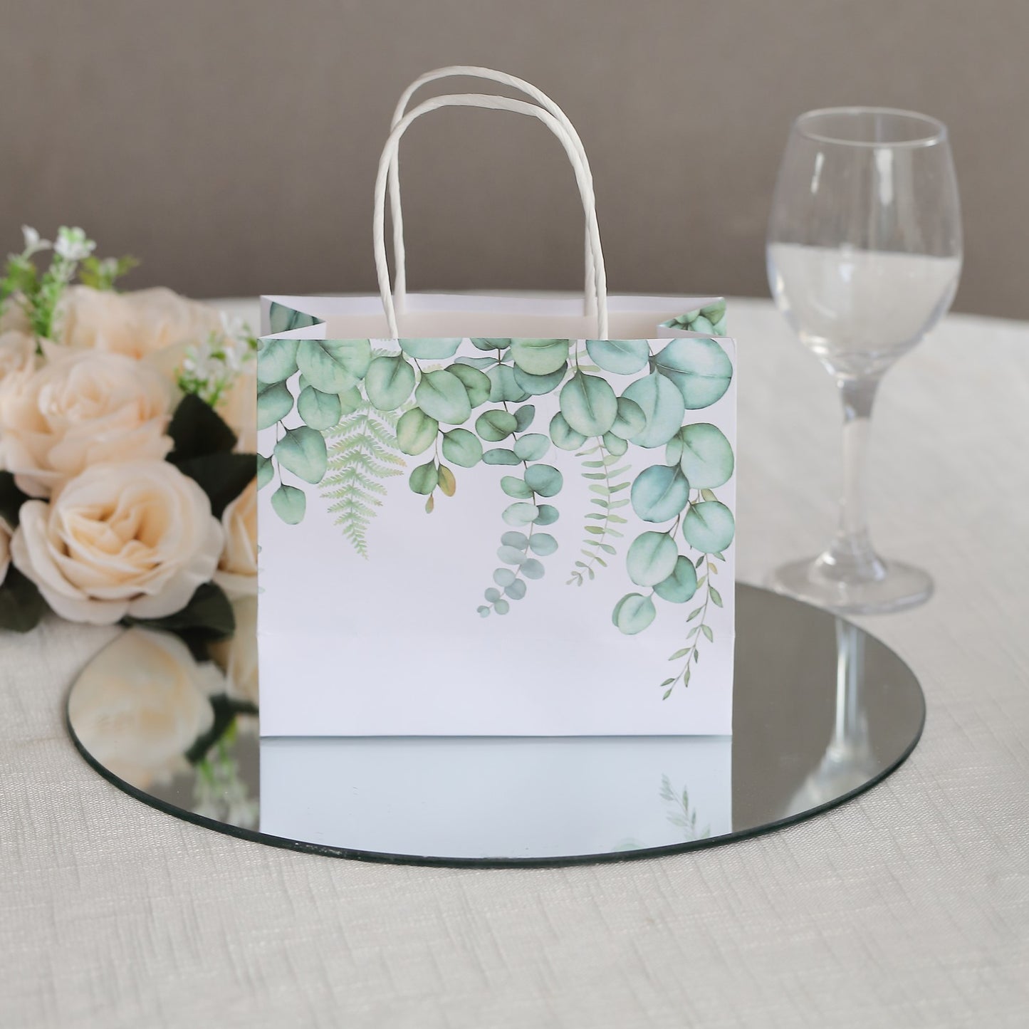 12 Pack White Green Eucalyptus Leaves Paper Party Favor Bags With Handles, Gift Goodie Bags - 6"x7"