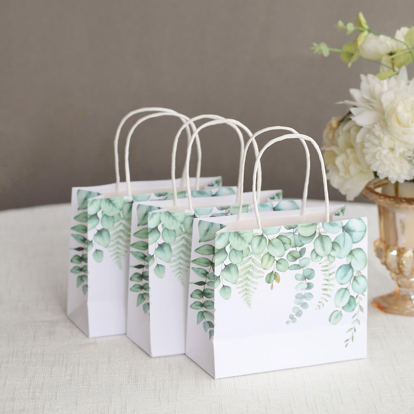 12 Pack White Green Eucalyptus Leaves Paper Party Favor Bags With Handles, Gift Goodie Bags - 6"x7"