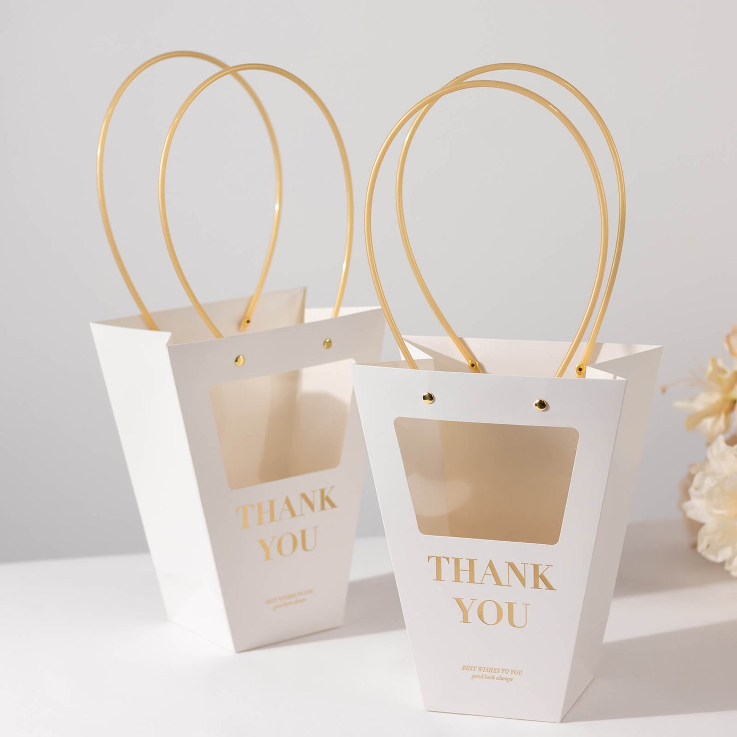 6 Pack Transparent White Paper Flower Gift Bags With Handles, Clear Window Thank You Party Favor Tote Bags in Trapezium Shape - 8"x10"