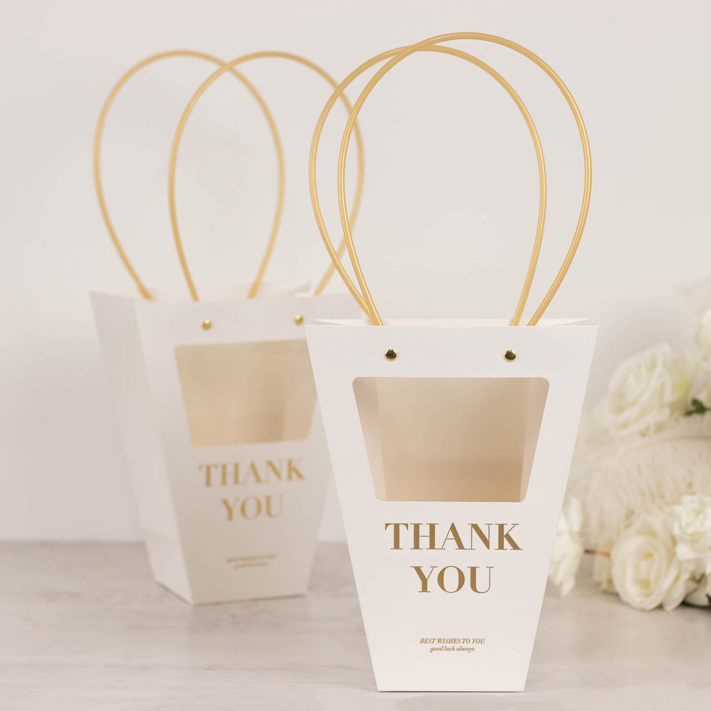 6 Pack Transparent White Paper Flower Gift Bags With Handles, Clear Window Thank You Party Favor Tote Bags in Trapezium Shape - 8"x10"