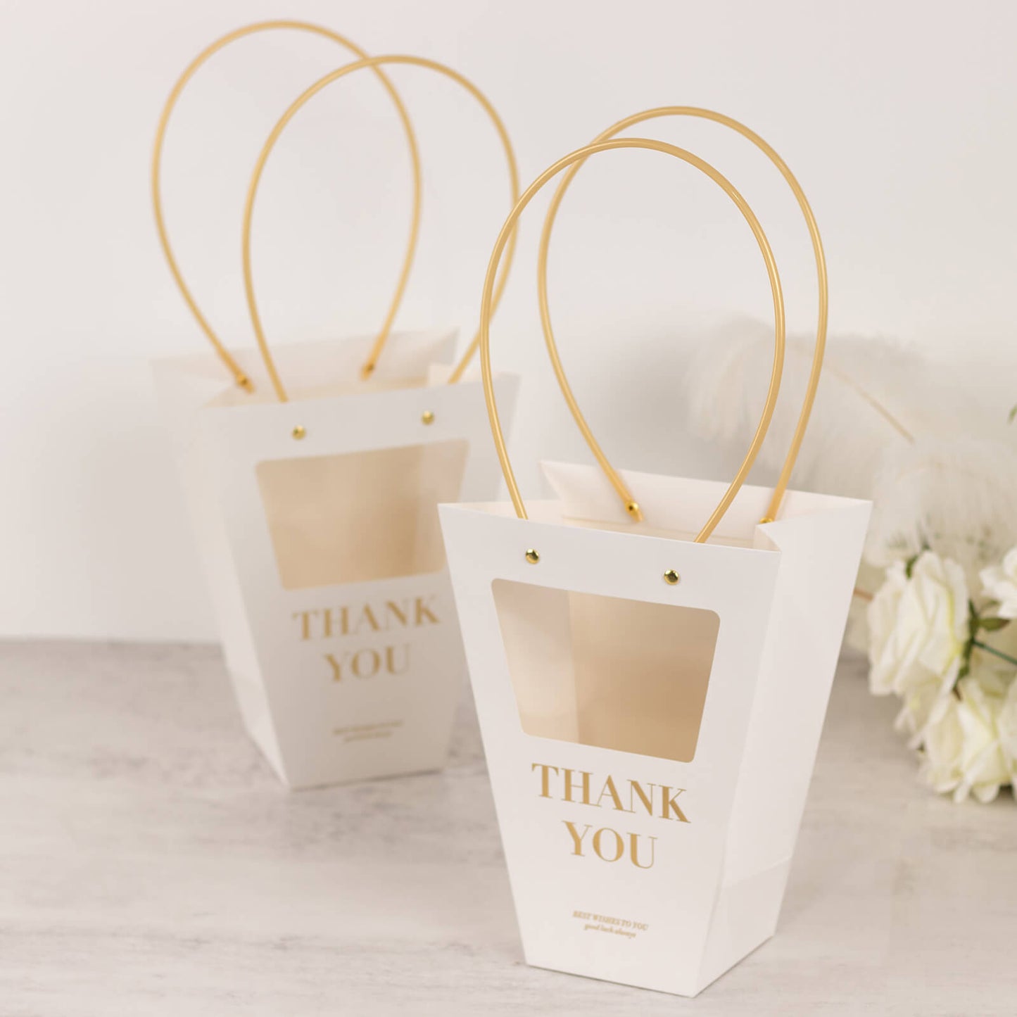 6 Pack Transparent White Paper Flower Gift Bags With Handles, Clear Window Thank You Party Favor Tote Bags in Trapezium Shape - 8"x10"