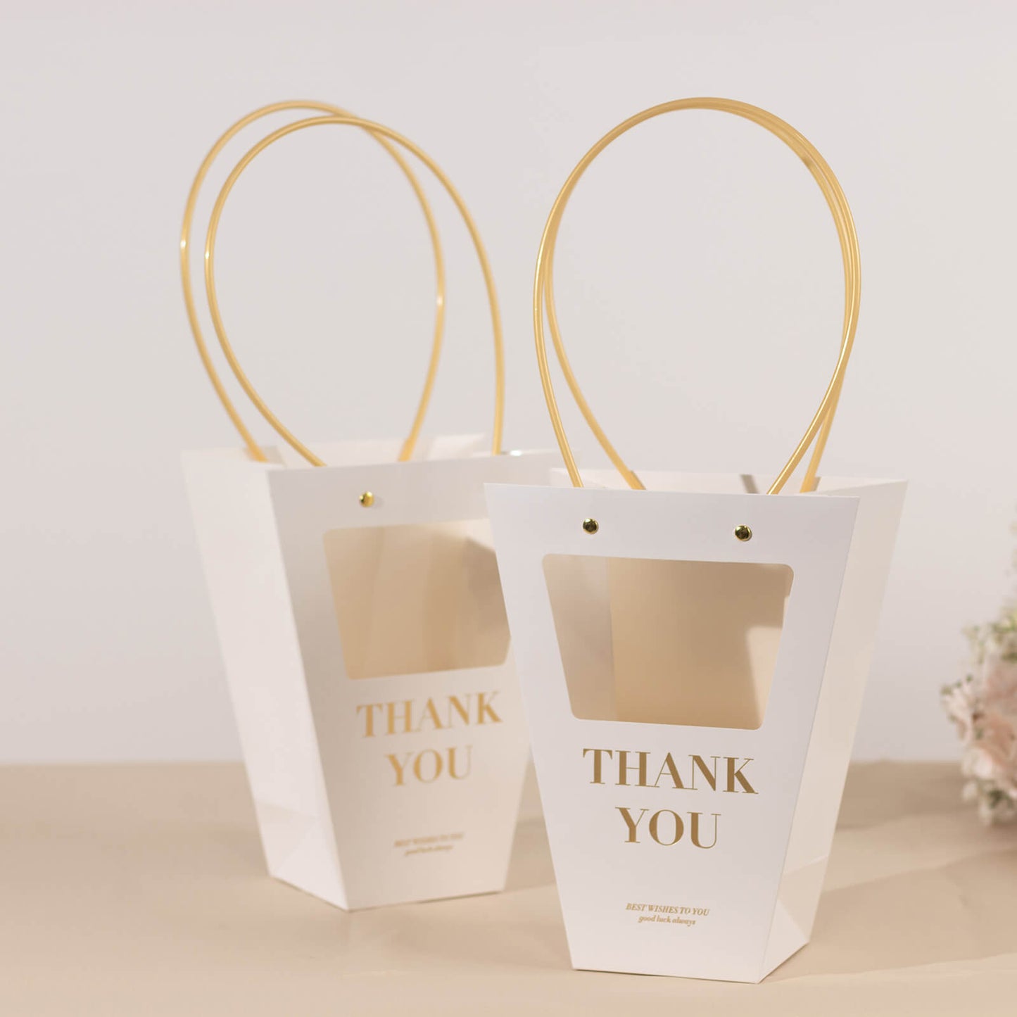 6 Pack Transparent White Paper Flower Gift Bags With Handles, Clear Window Thank You Party Favor Tote Bags in Trapezium Shape - 8"x10"