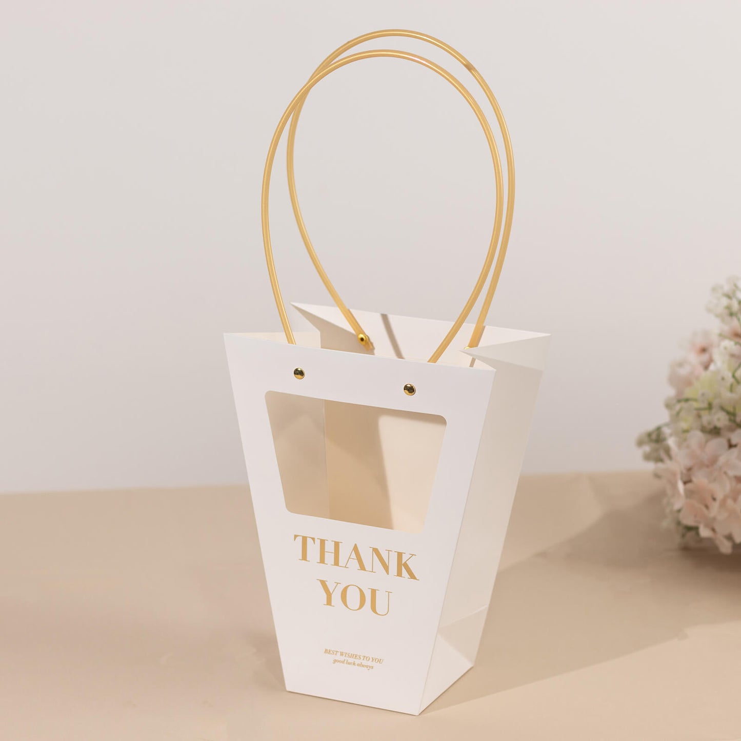 6 Pack Transparent White Paper Flower Gift Bags With Handles, Clear Window Thank You Party Favor Tote Bags in Trapezium Shape - 8"x10"