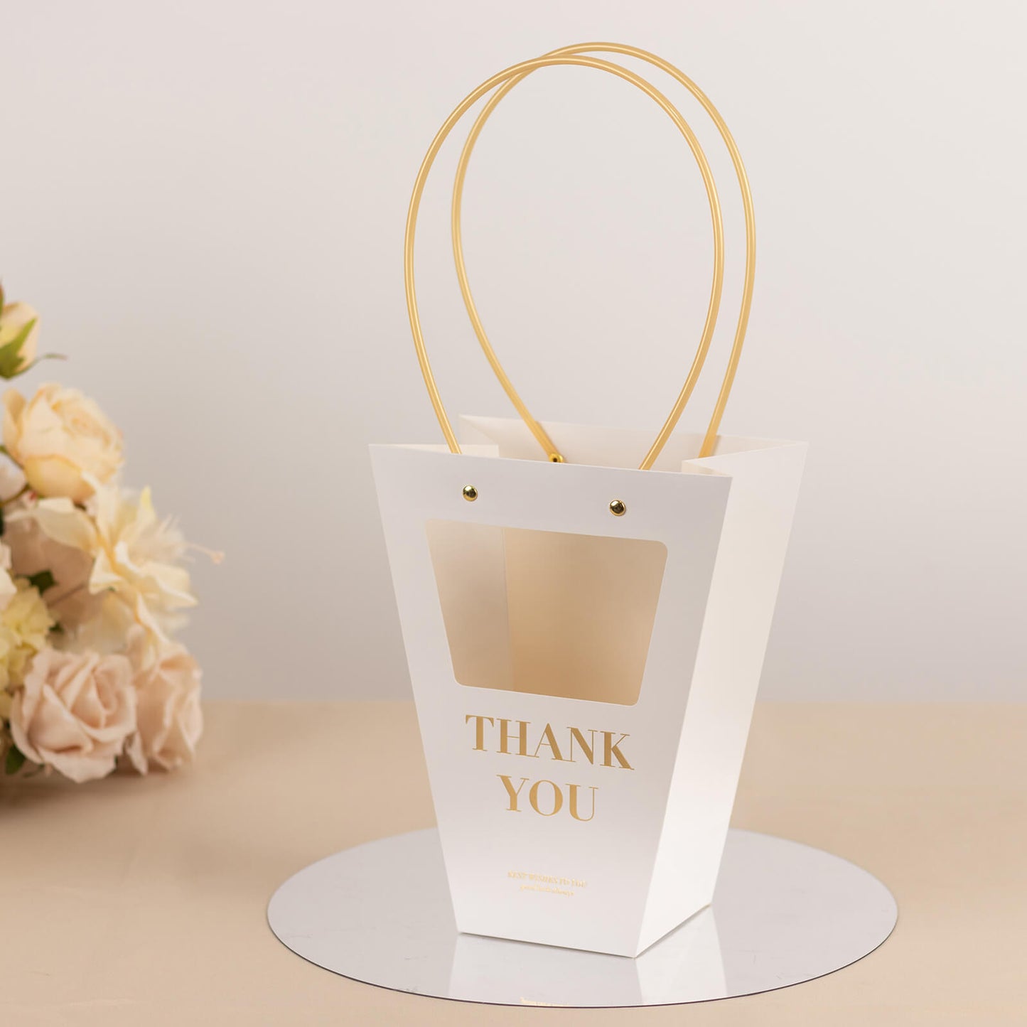 6 Pack Transparent White Paper Flower Gift Bags With Handles, Clear Window Thank You Party Favor Tote Bags in Trapezium Shape - 8"x10"