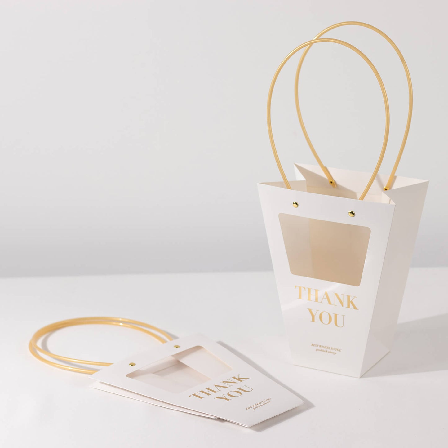 6 Pack Transparent White Paper Flower Gift Bags With Handles, Clear Window Thank You Party Favor Tote Bags in Trapezium Shape - 8"x10"