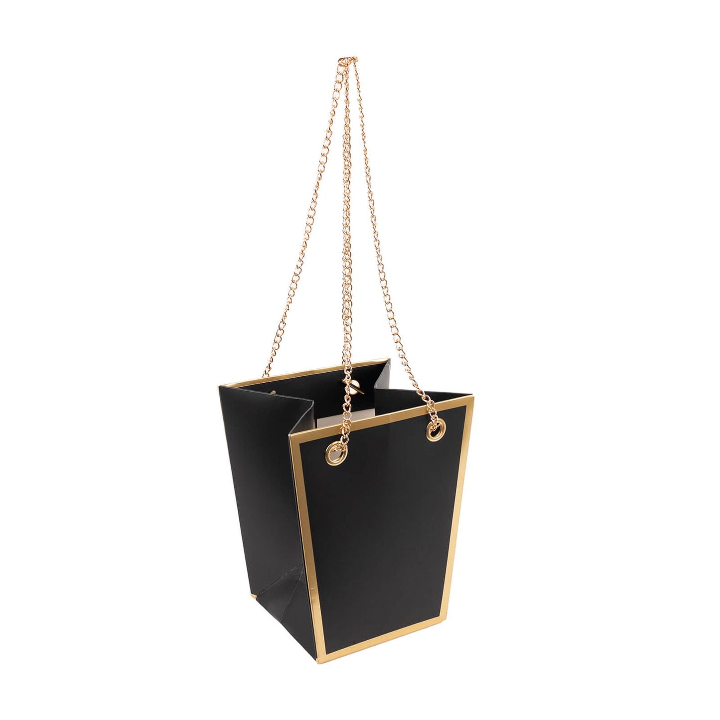 6 Pack Black Gold Edge Paper Flower Gift Bags With Metal Chain Handles, Trapezoid Party Favor Tote Bags - 5"x6"