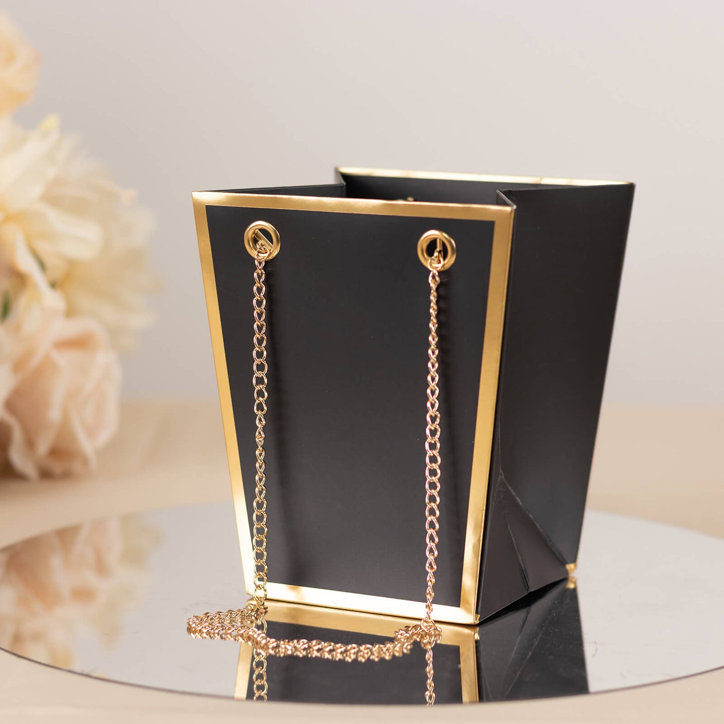 6 Pack Black Gold Edge Paper Flower Gift Bags With Metal Chain Handles, Trapezoid Party Favor Tote Bags - 5"x6"