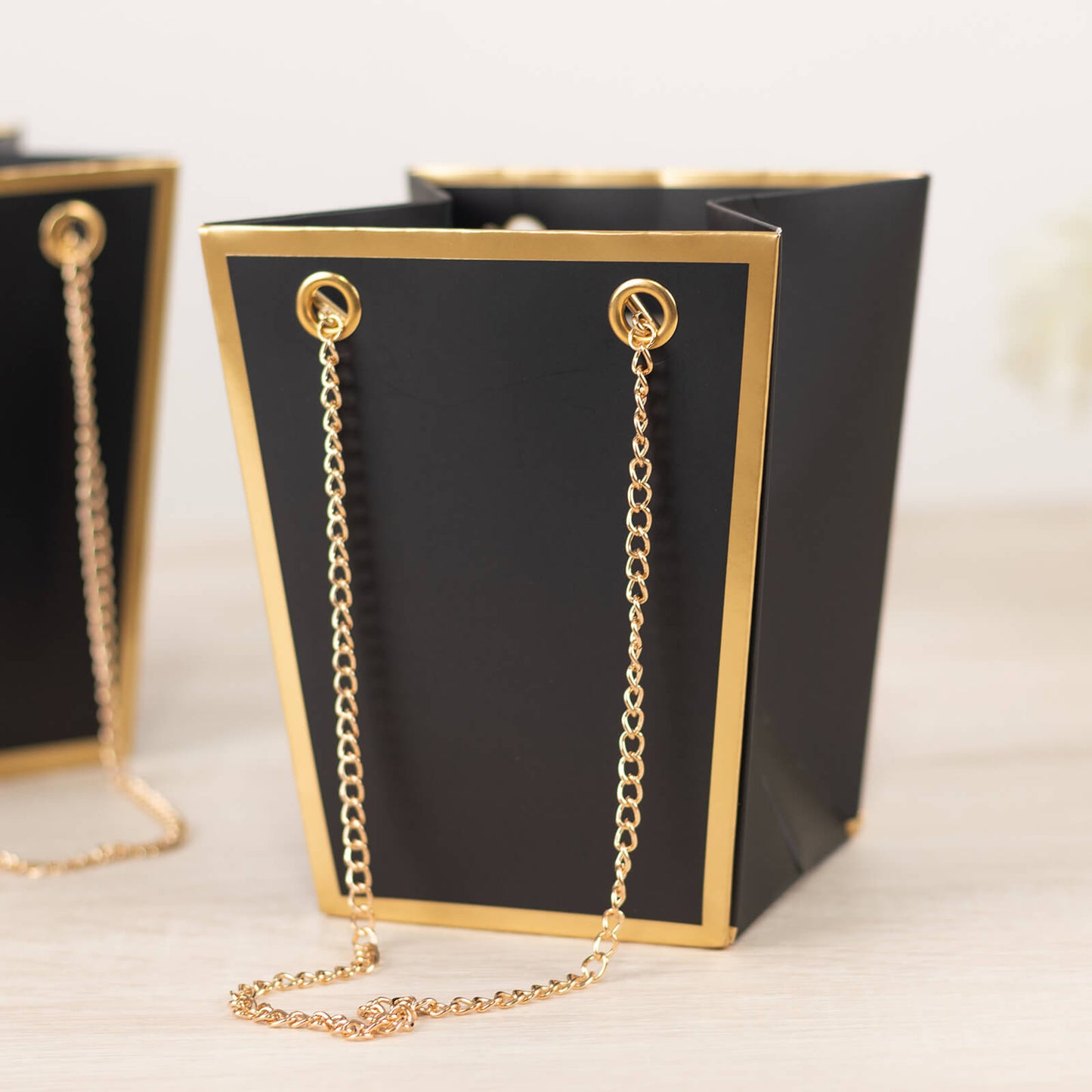 6 Pack Black Gold Edge Paper Flower Gift Bags With Metal Chain Handles, Trapezoid Party Favor Tote Bags - 5"x6"