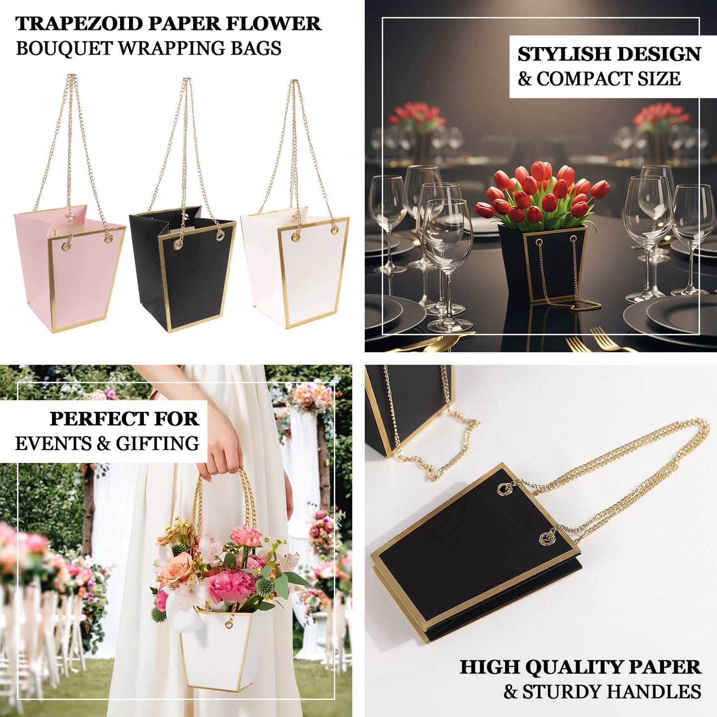 6 Pack Gold Edge Paper Flower Gift Bags With Metal Chain Handles, Trapezoid Party Favor Tote Bags - 5"x6"