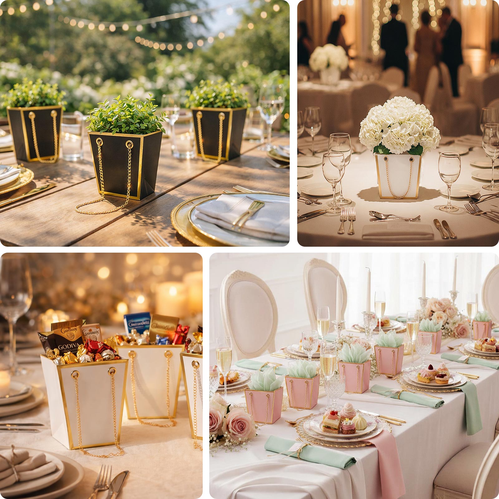 6 Pack Gold Edge Paper Flower Gift Bags With Metal Chain Handles, Trapezoid Party Favor Tote Bags - 5"x6"