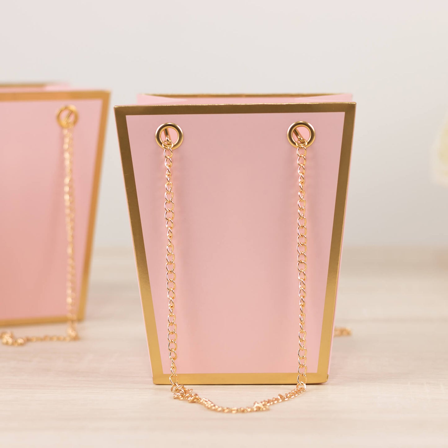 6 Pack Pink Gold Edge Paper Flower Gift Bags With Metal Chain Handles, Trapezoid Party Favor Tote Bags - 5"x6"