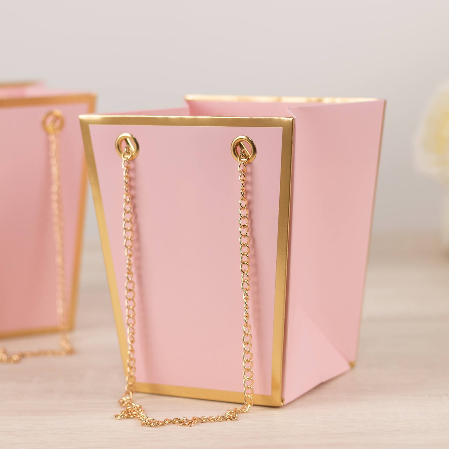 6 Pack Pink Gold Edge Paper Flower Gift Bags With Metal Chain Handles, Trapezoid Party Favor Tote Bags - 5"x6"