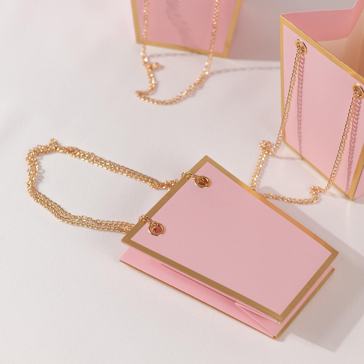 6 Pack Pink Gold Edge Paper Flower Gift Bags With Metal Chain Handles, Trapezoid Party Favor Tote Bags - 5"x6"