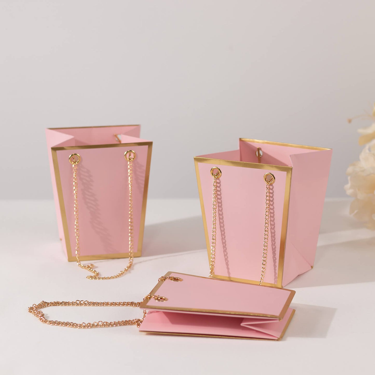6 Pack Pink Gold Edge Paper Flower Gift Bags With Metal Chain Handles, Trapezoid Party Favor Tote Bags - 5"x6"