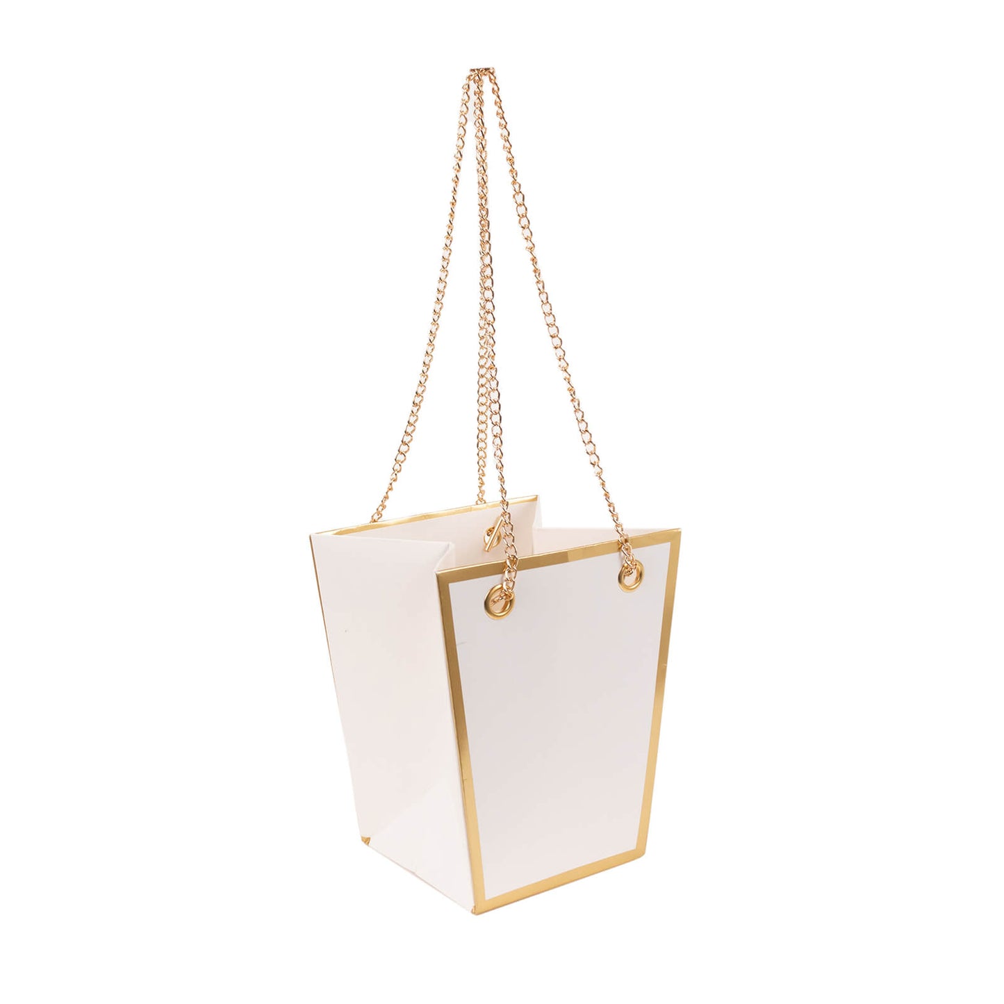 6 Pack White Gold Edge Paper Flower Gift Bags With Metal Chain Handles, Trapezoid Party Favor Tote Bags - 5"x6"