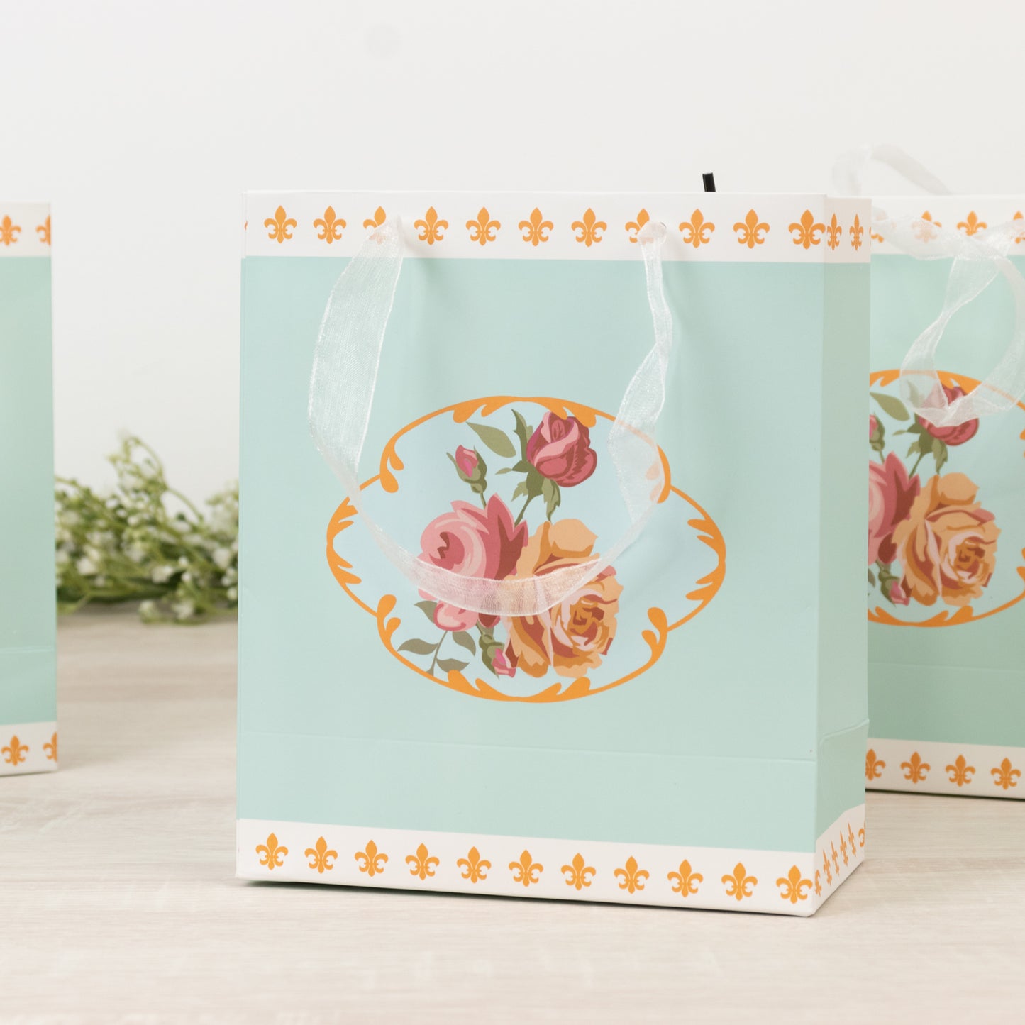 12-Pack Favor Bags Vintage Rose Floral Tea Party, Turquoise Paper Goodie Gift Bags with Ribbon Handles, 6"x7"x3"