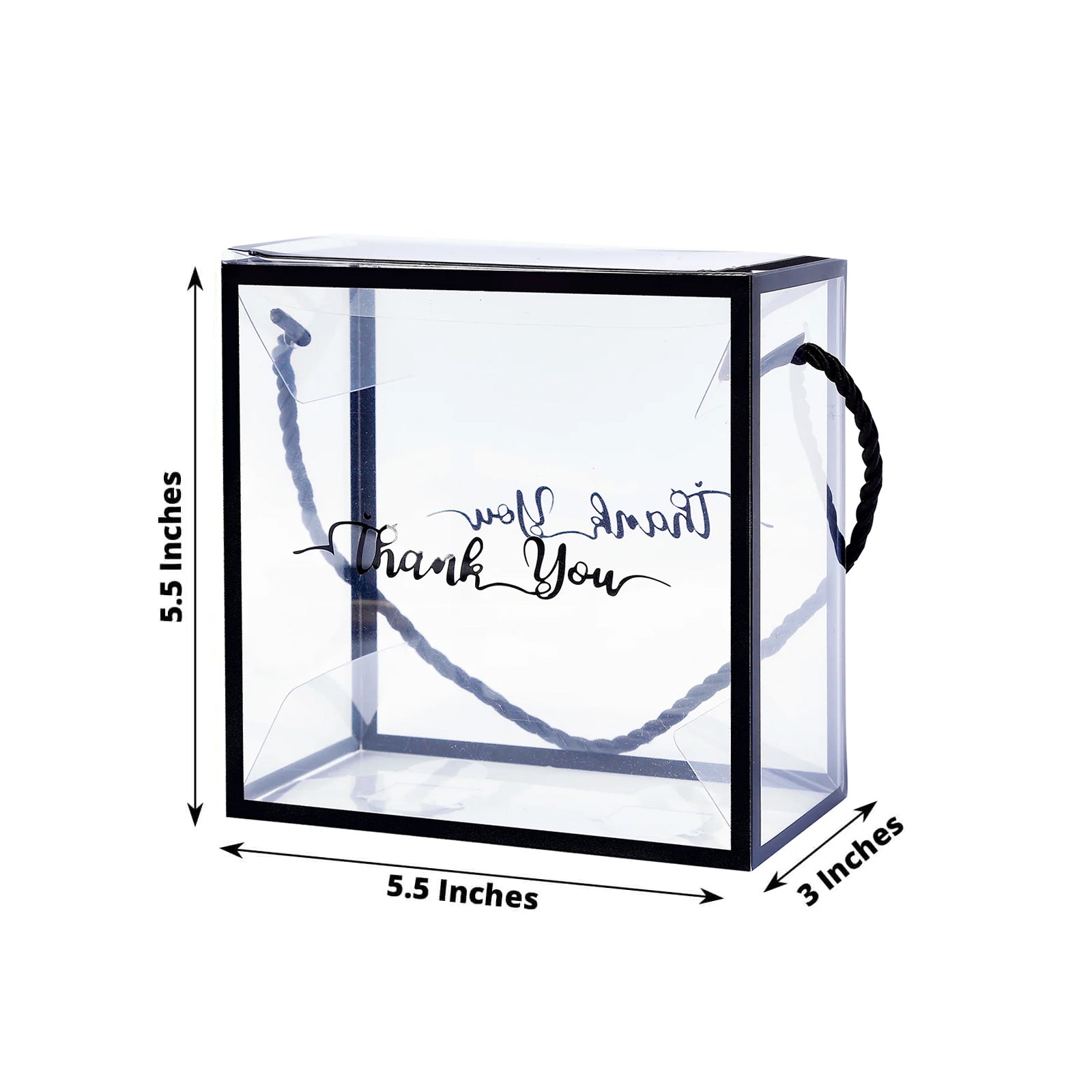 Clear gift box with black edge and rope handle, 5.5"x5.5".