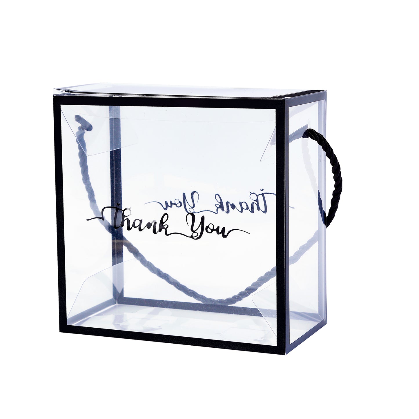 25 Pack Clear PVC Gift Boxes with Black Edge Rope Handles and Thank You Print, Transparent Portable Candy Favor Boxes - 5.5"x5.5"