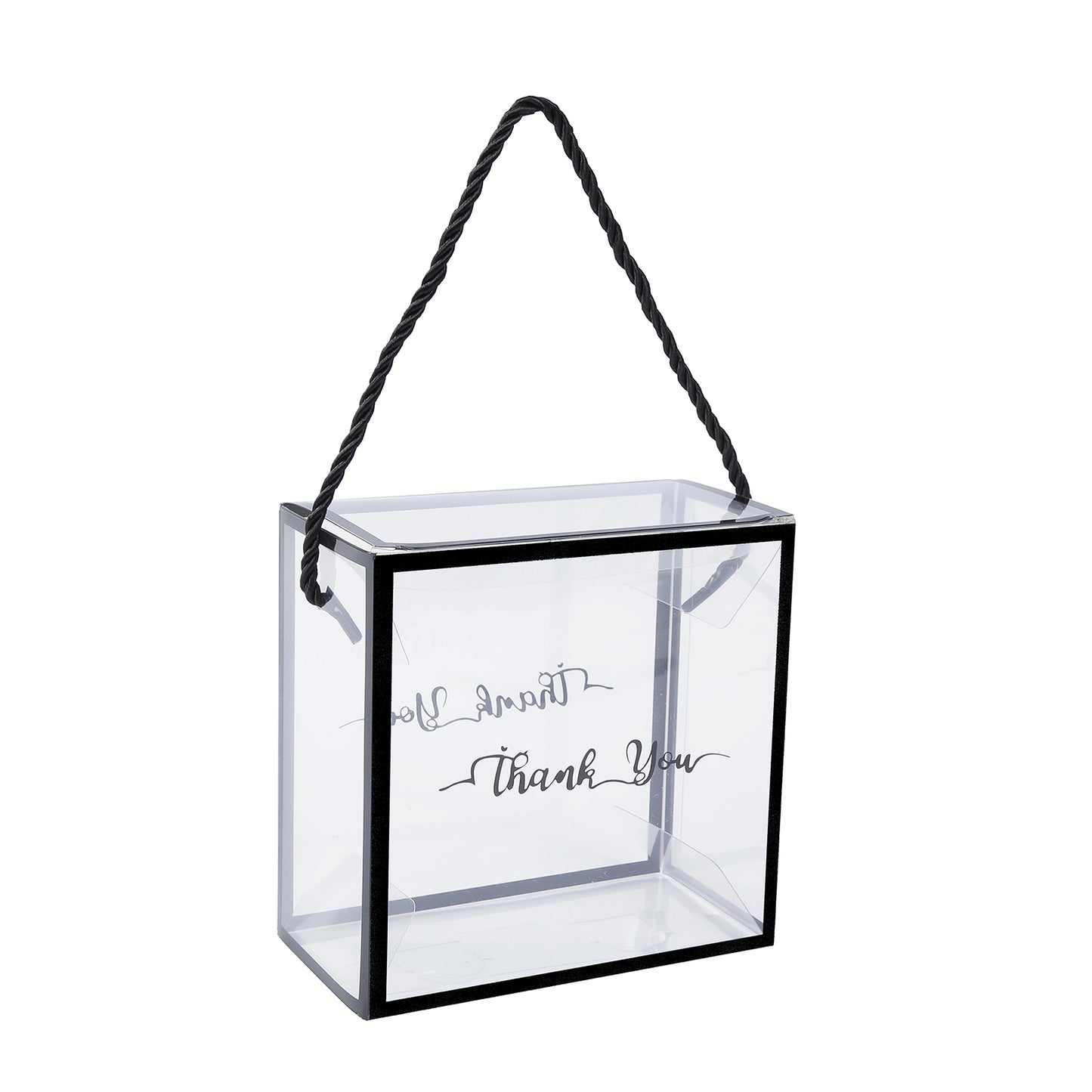 25 Pack Clear PVC Gift Boxes with Black Edge Rope Handles and Thank You Print, Transparent Portable Candy Favor Boxes - 5.5"x5.5"