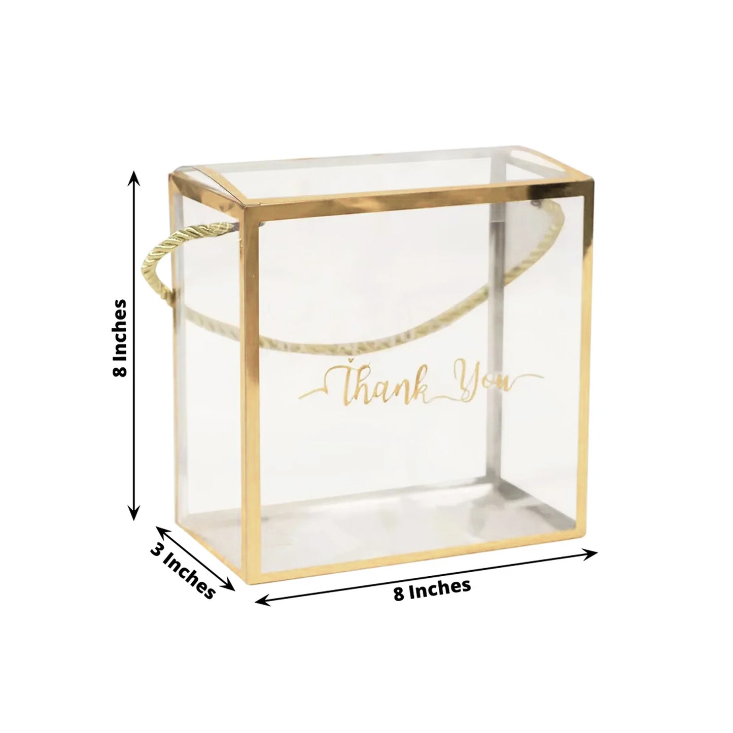 Gold trimmed clear gift box with rope handle, 8"x8", thank you print.