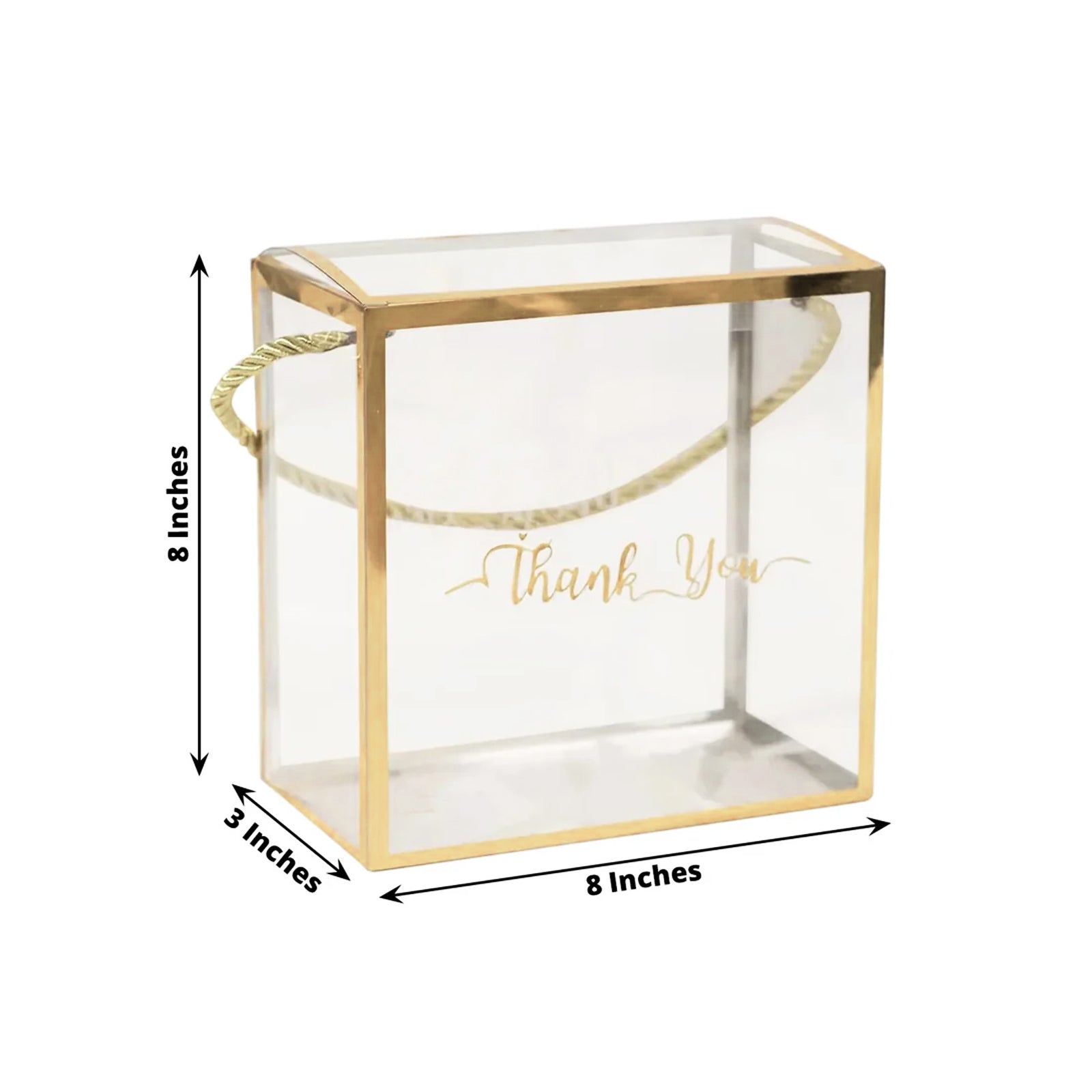 Gold trimmed clear gift box with rope handle, 8"x8", thank you print.