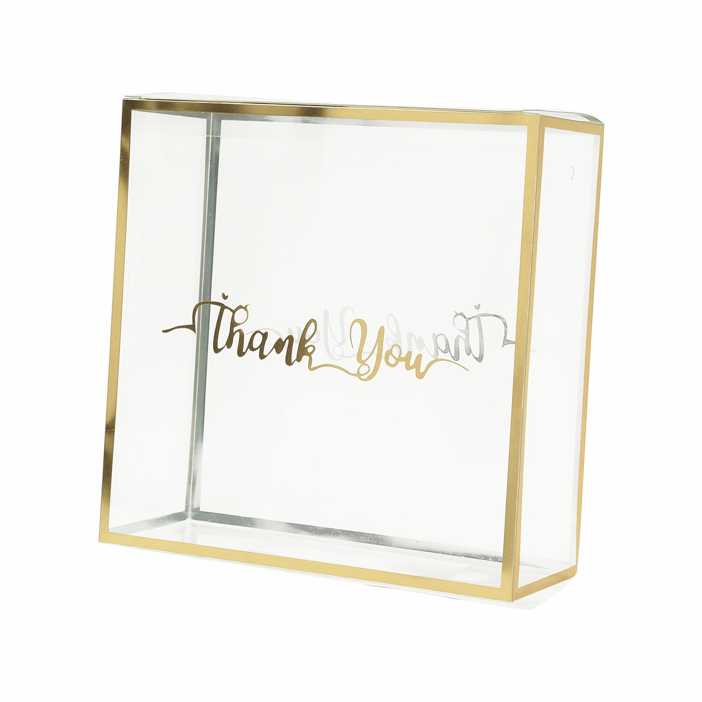 Gold trimmed clear PVC gift box with rope handle and "Thank You" print.