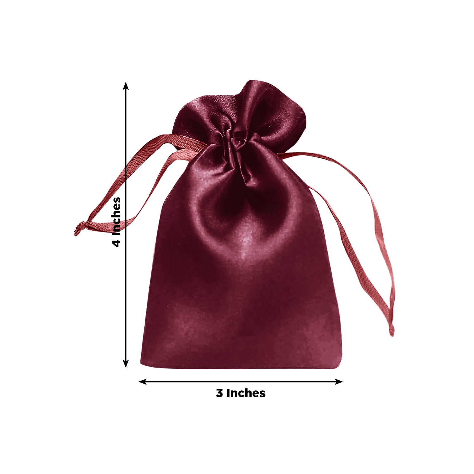Burgundy satin drawstring gift bag for jewelry and candies, 3"x4".
