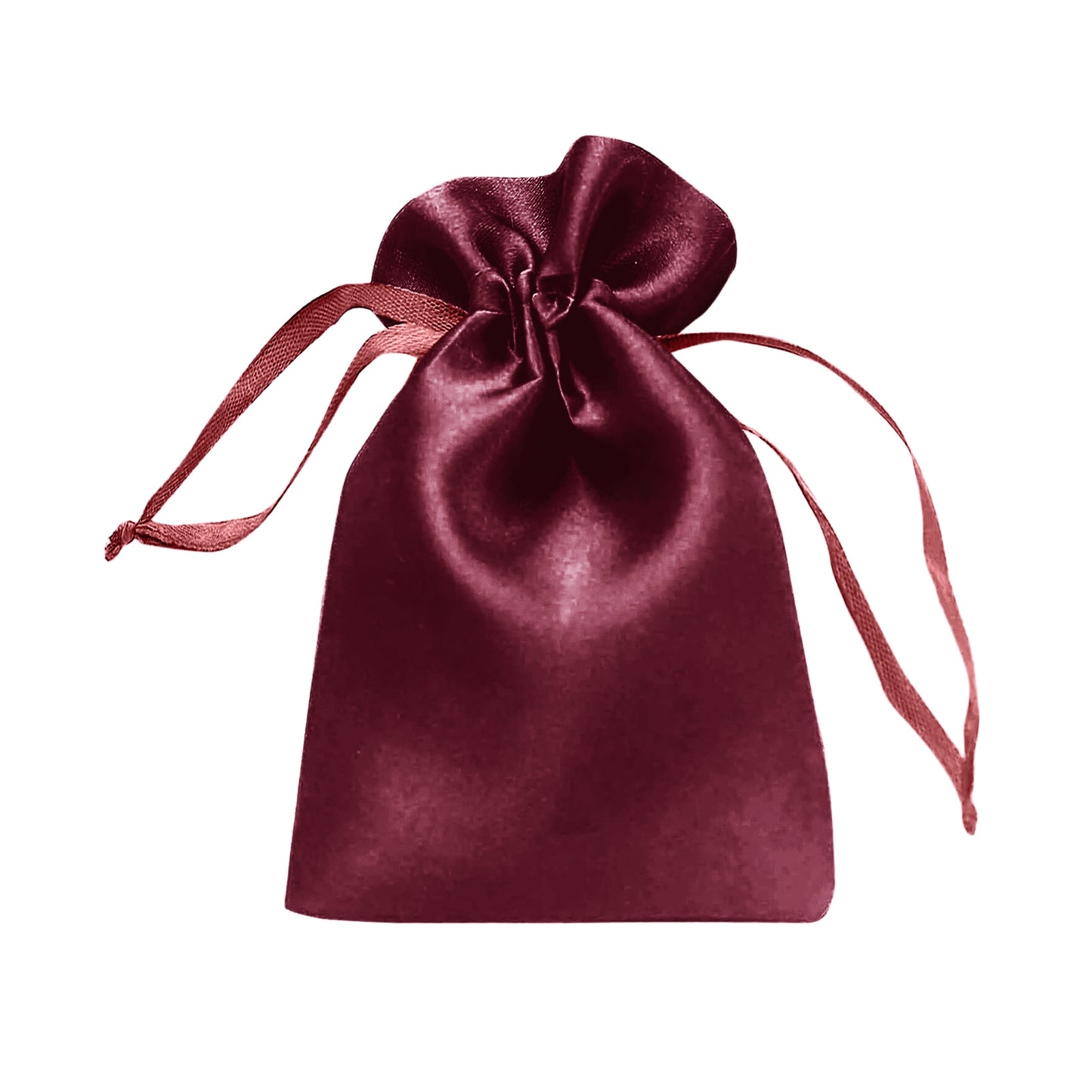Burgundy satin drawstring gift bag for weddings and parties.