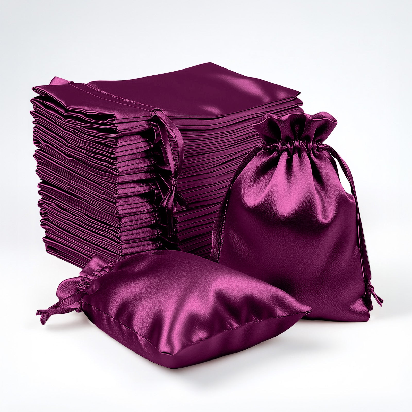 Eggplant satin drawstring bags, 60 pack for favors, jewelry, and candy.
