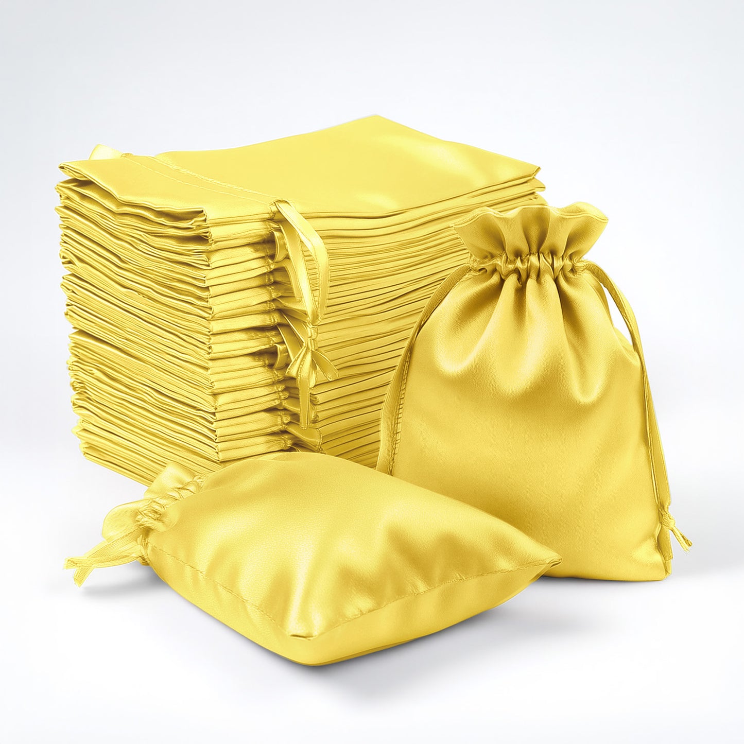 Gold satin drawstring gift bags, 3"x4", perfect for weddings and parties.