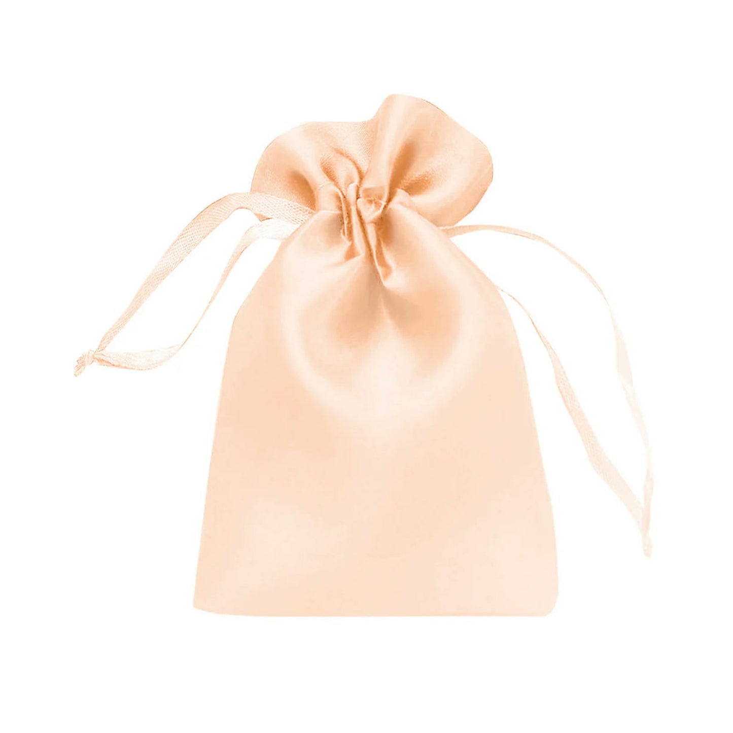 Peach satin drawstring favor gift bag for weddings and parties.
