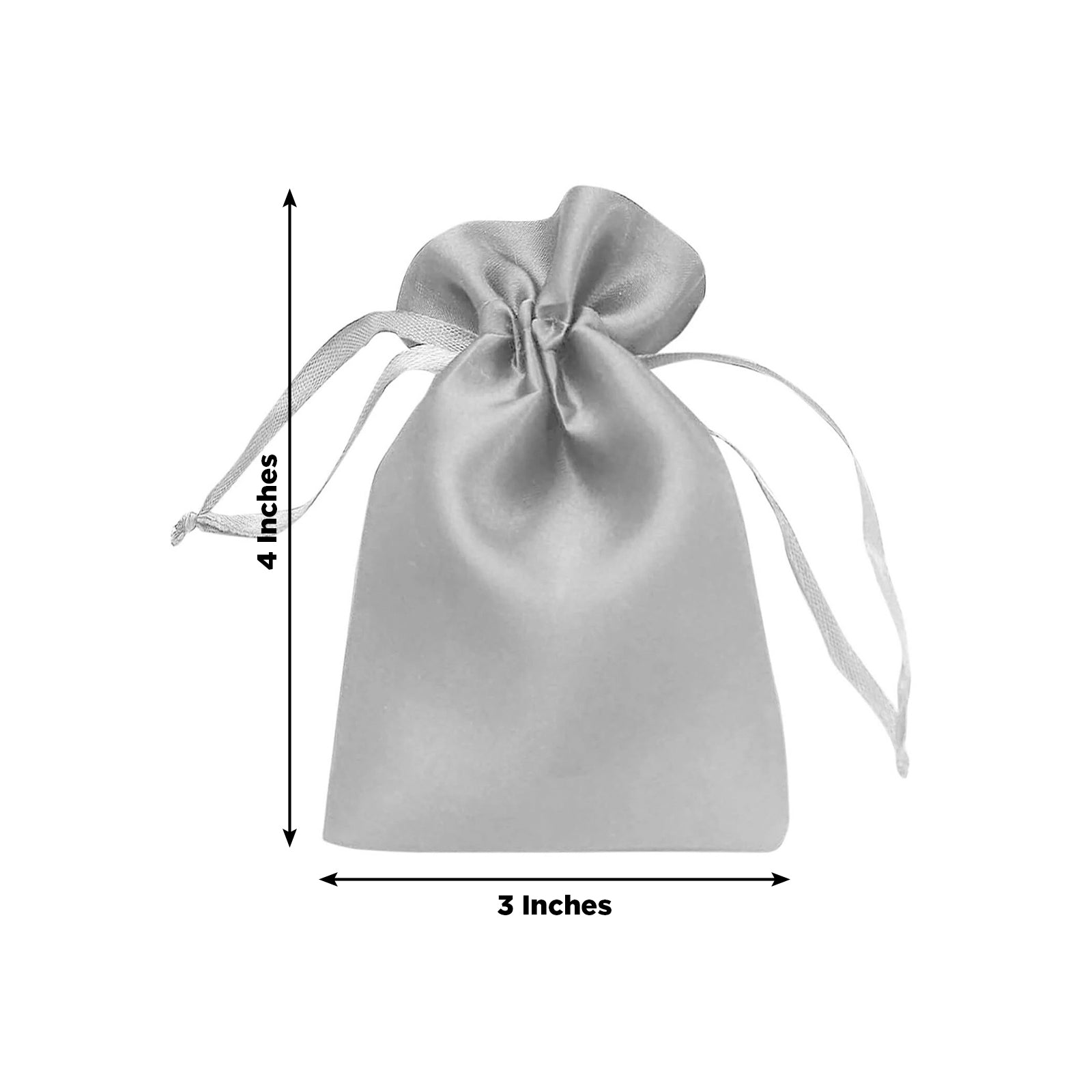 Silver satin drawstring favor bag, 3"x4", perfect for gifts and party favors.