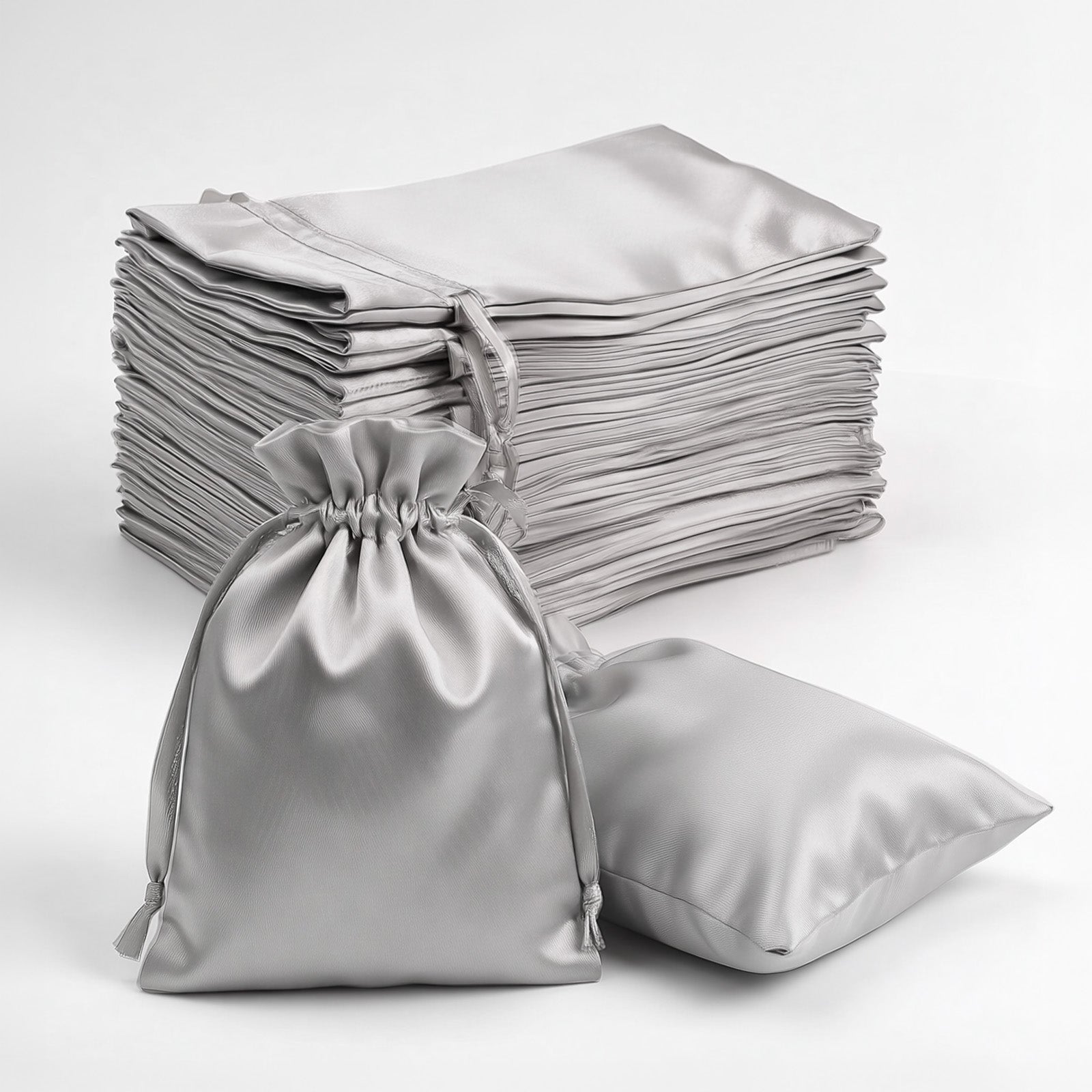Silver satin drawstring favor bags for weddings and parties.