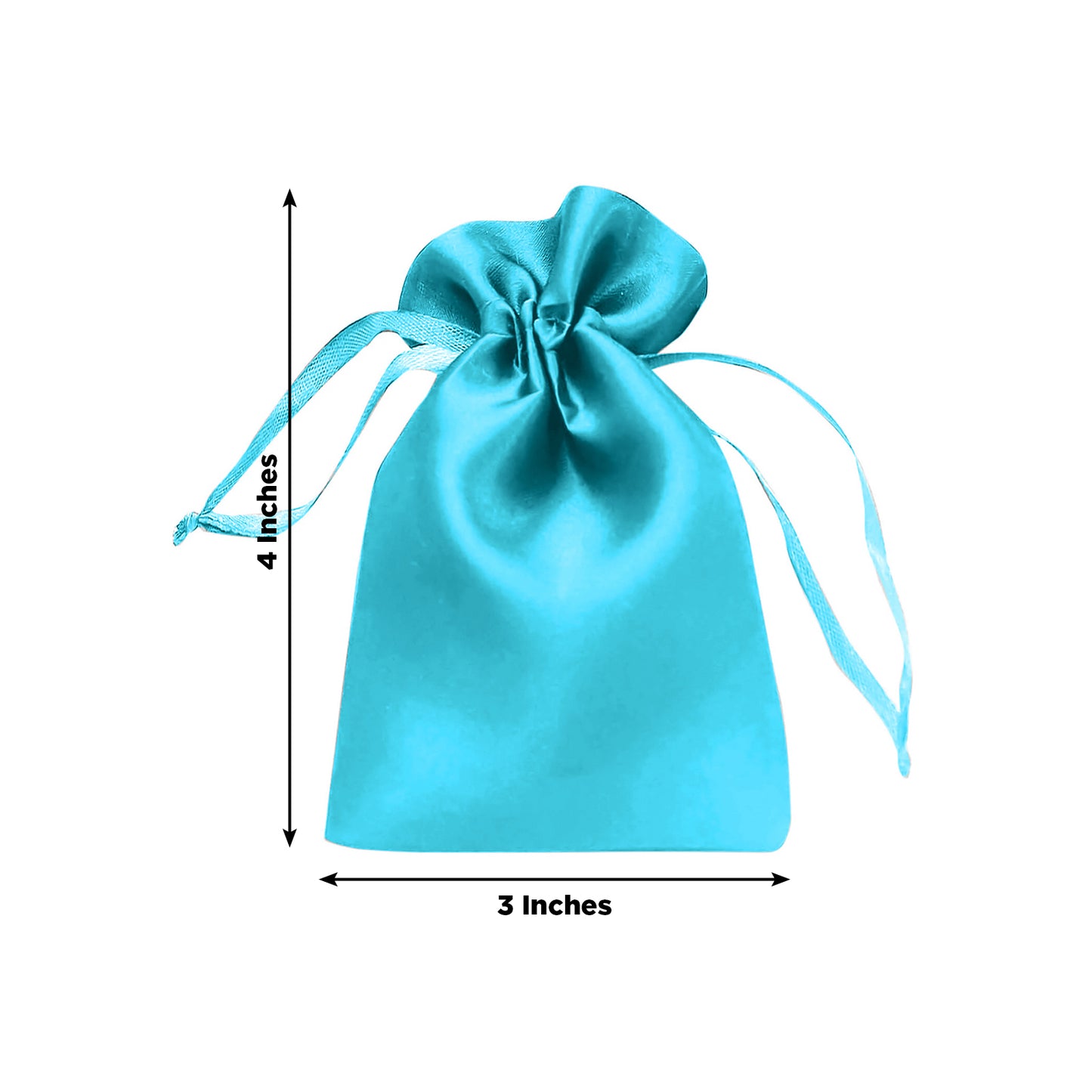 Turquoise satin drawstring favor bag, 3"x4", ideal for weddings and parties.