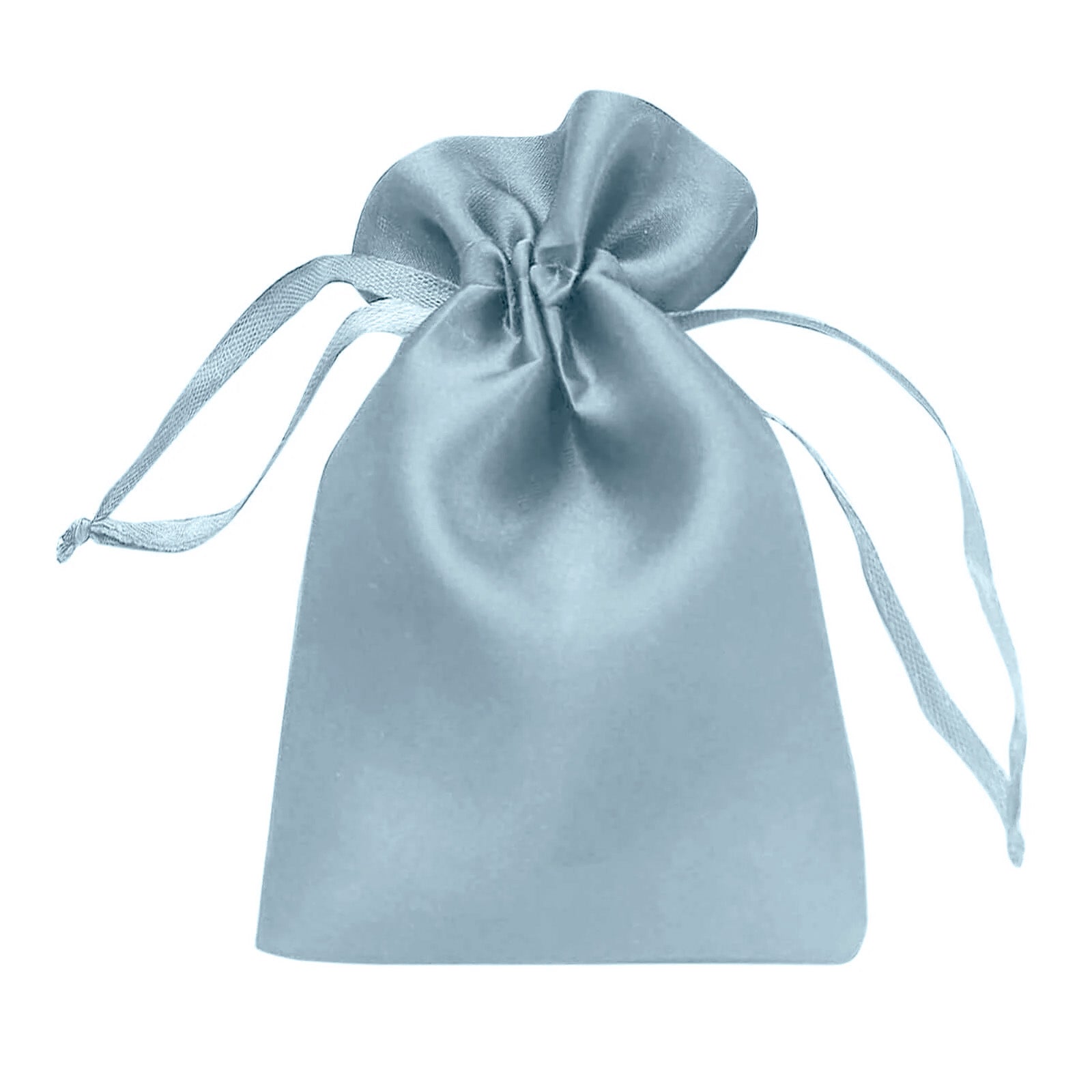 Dusty blue satin drawstring pouch gift bag, perfect for wedding favors.