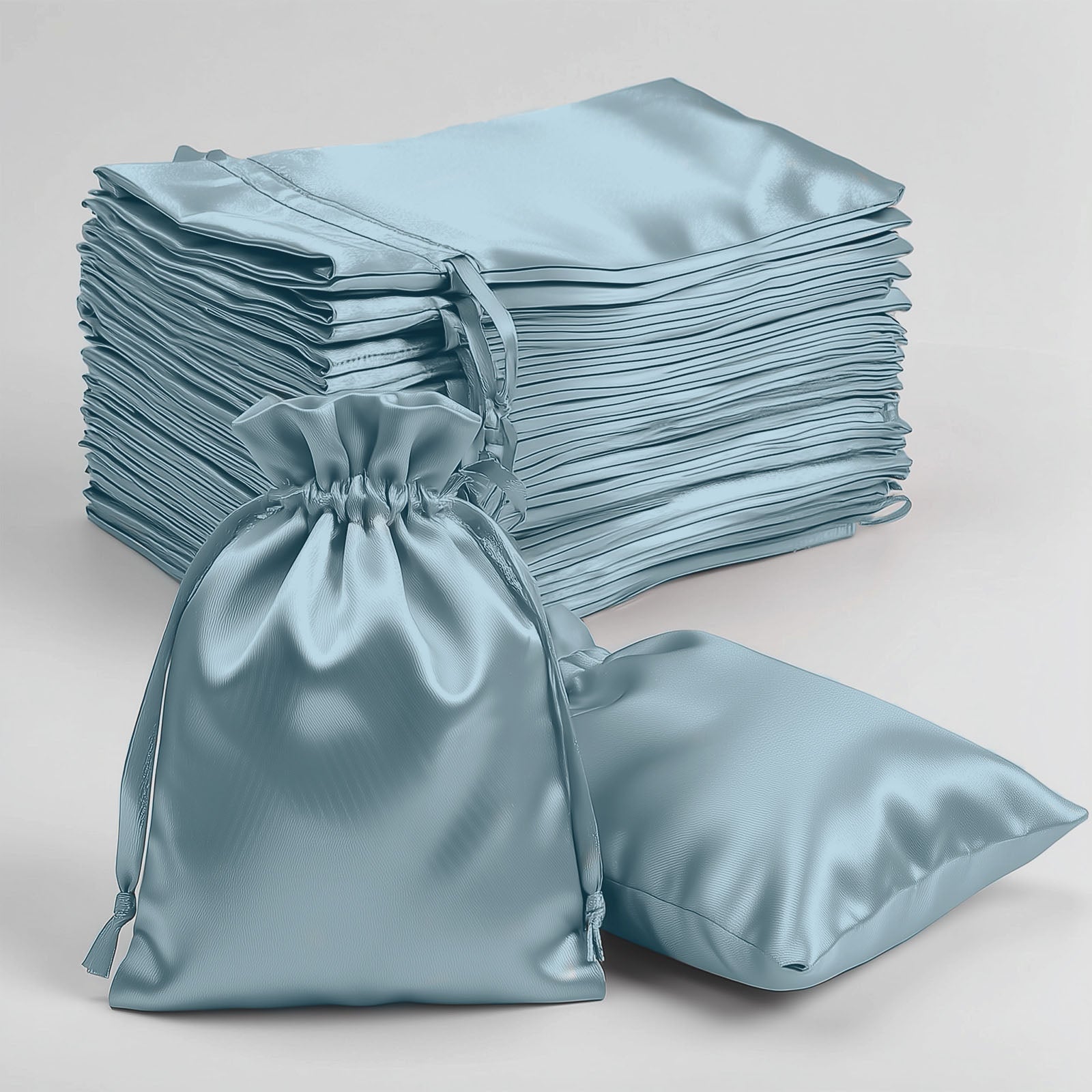 Dusty blue satin drawstring bags for weddings and parties, 60 pack.