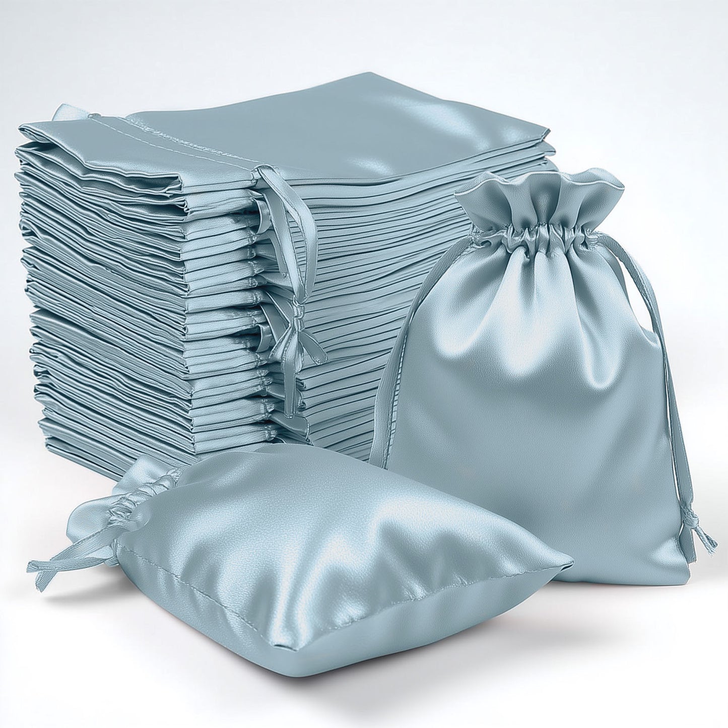 Dusty blue satin drawstring gift bags, 60 pack, perfect for weddings and parties.