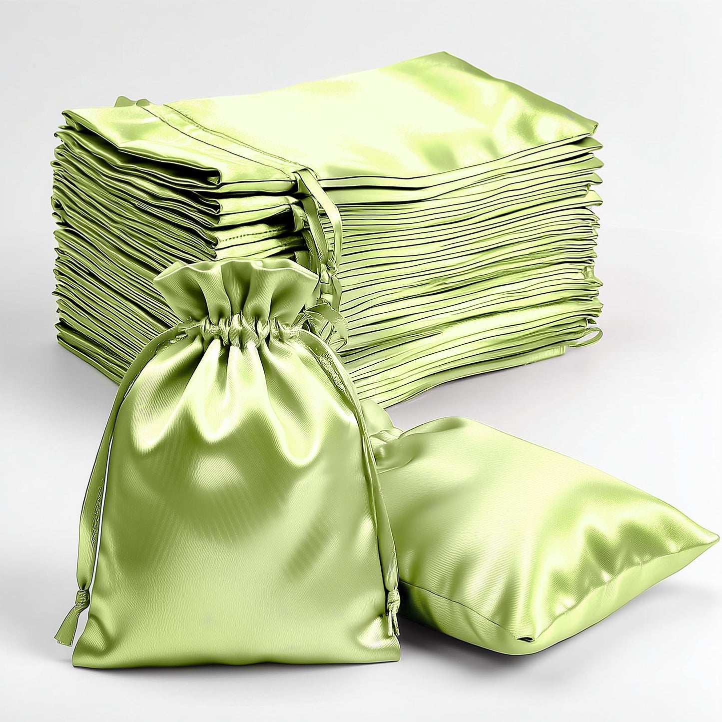 Apple green satin drawstring gift bags, 60 pack, 4"x6".