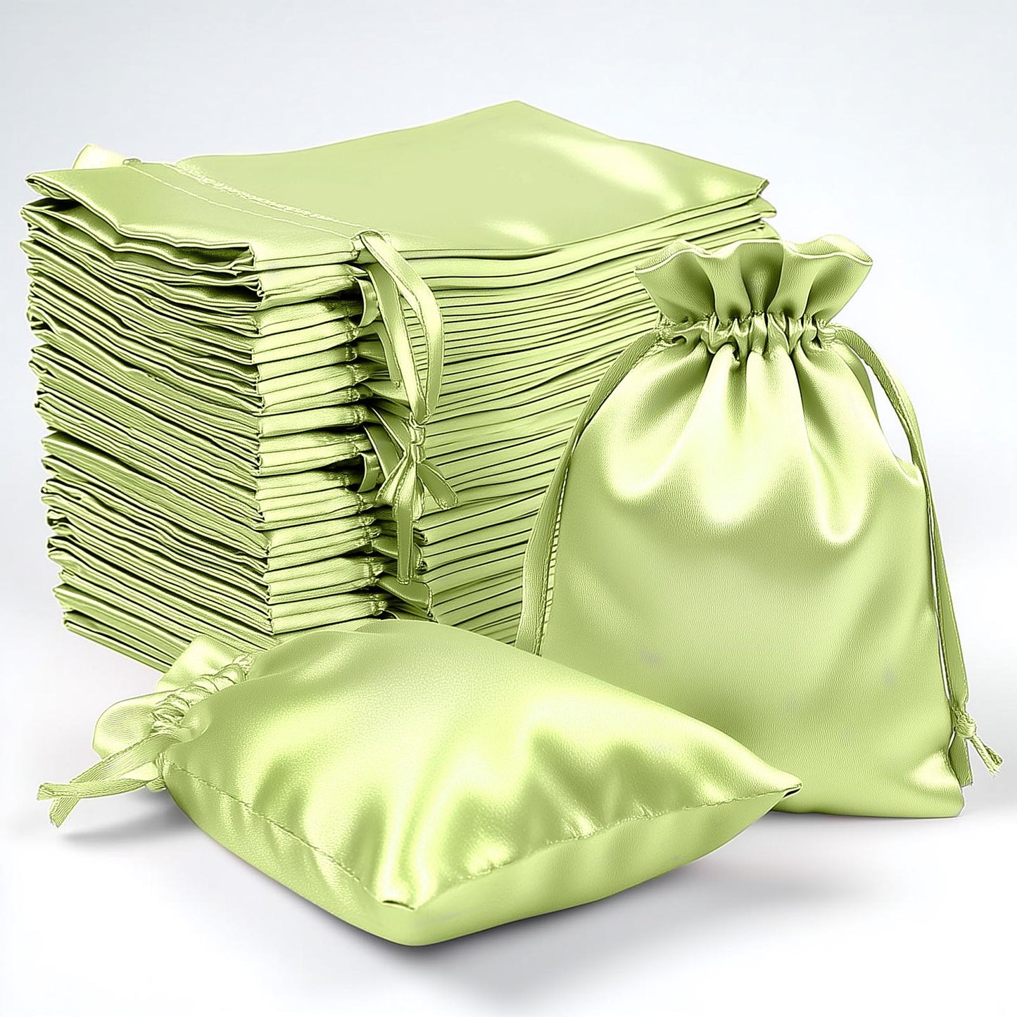 Apple green satin drawstring gift bags, perfect for weddings and parties.